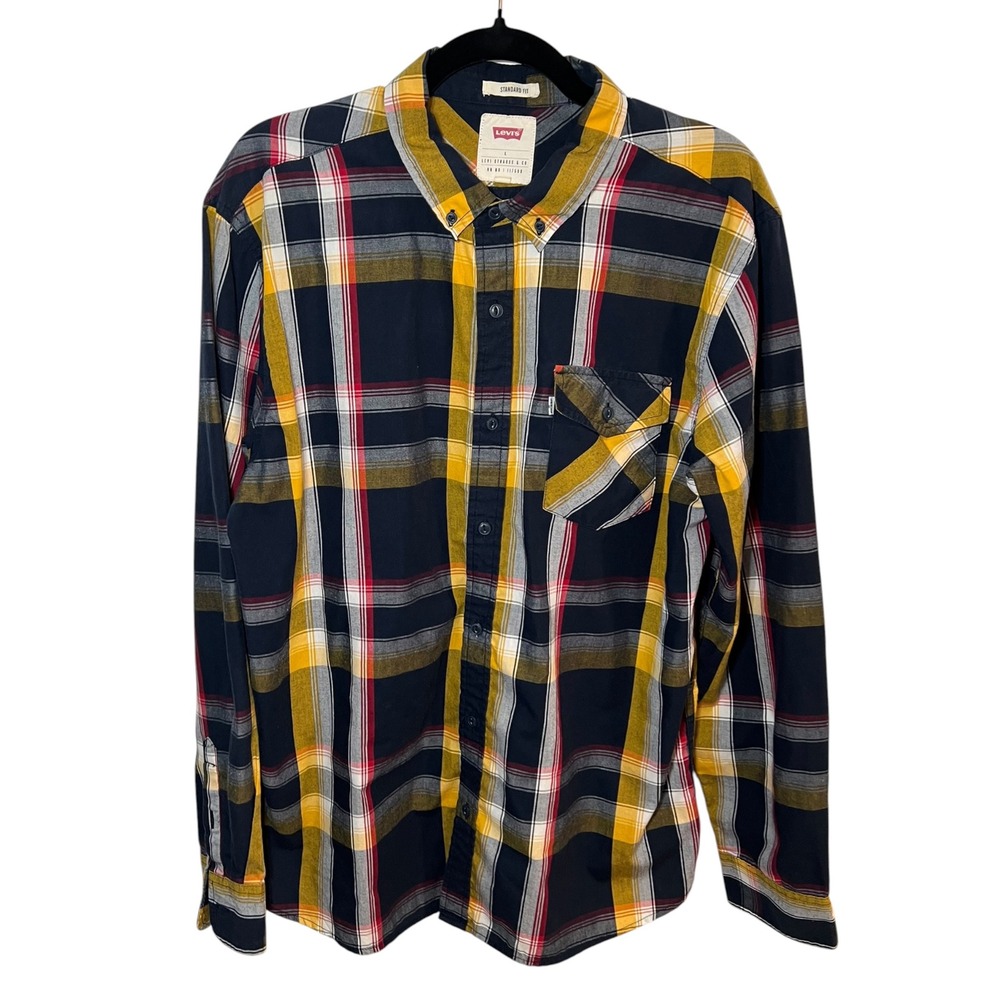 Levi Plaid Outdoor Cotton Shirt Navy Yellow Lumberjack Standard Fit Large